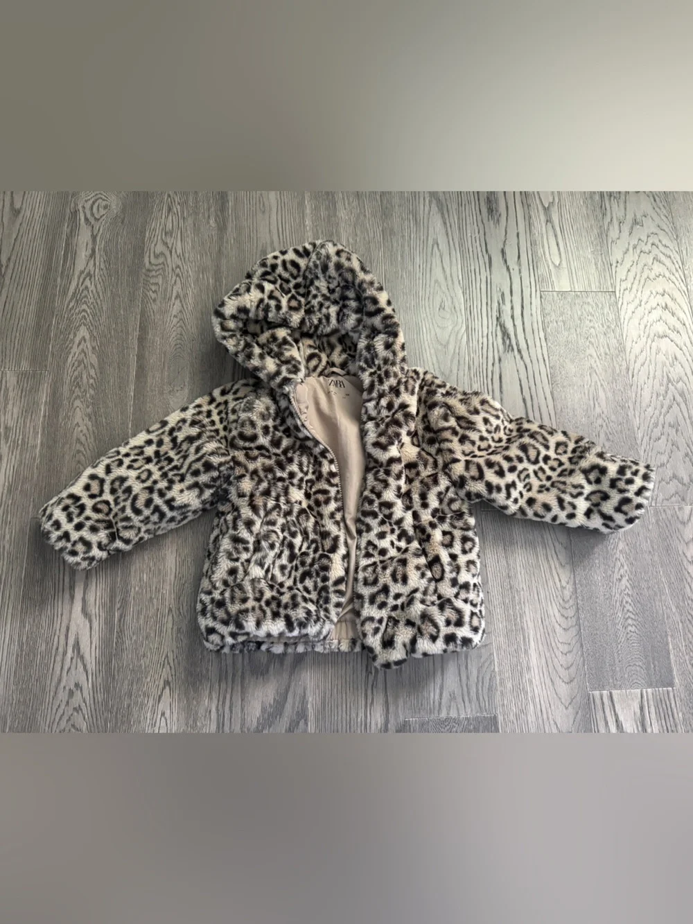 ZARA Faux Fur Leopard Hooded Kids Coat - Cream & Brown